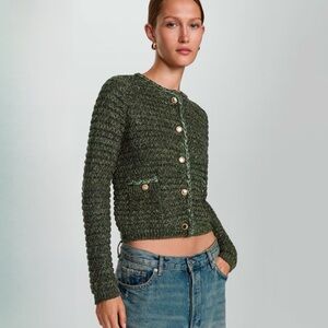 Mango Lurex chunky-knit cardigan green